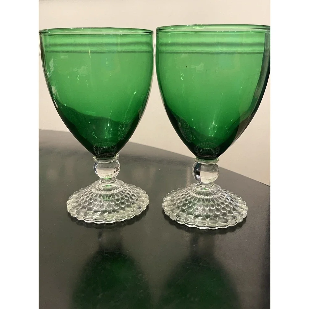 4 Anchor Hocking Boopie Emerald Green Bubble Foot Vintage Water Goblet Glasses